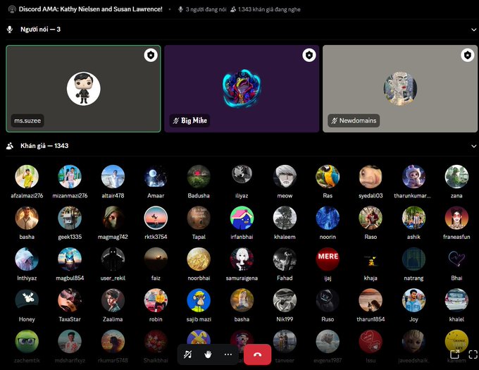 A Discord AMA titled "Discord AMA: Kathy Nielson and Susan Lawrence!" showing 3 active speakers (ms.suzee, Big Mike, Newdomains) and 1,343 listeners. The screenshot captures a community gathering with over 1,300 participants, visually reinforcing the post's claim that "the right community always shows up."