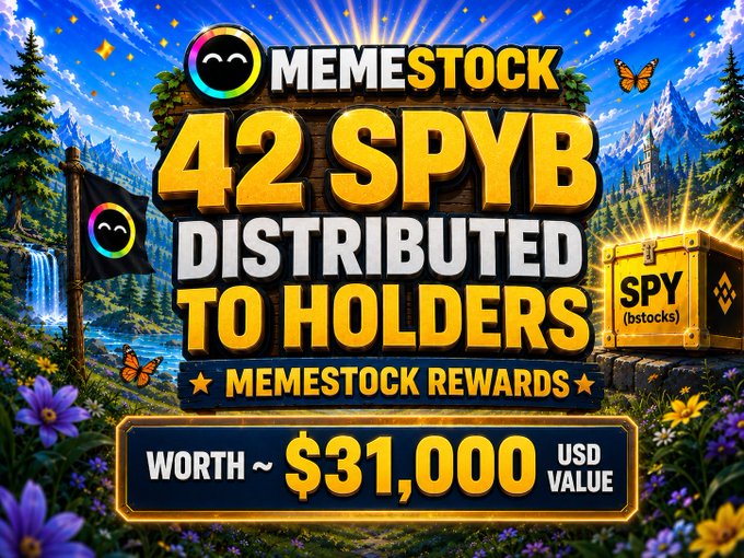 A vibrant promotional graphic announces 'MEMESTOCK 42 SPYB DISTRIBUTED TO HOLDERS' worth '~$31,000 USD VALUE' with a Binance logo visible on the right.