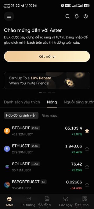 A screenshot of the Aster DEX mobile app showing market pairs: BTCUSDT ($65,103.4), ETHUSDT ($1,943.06), SOLUSDT ($76.42), and ESPORTSUSDT ($0.02686).