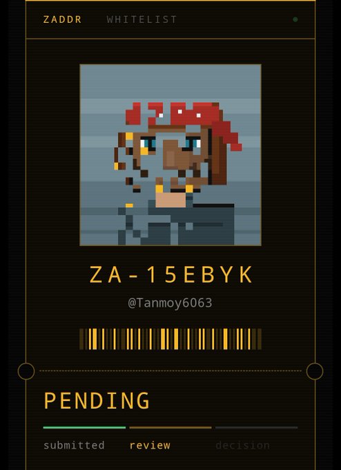 A digital card interface labeled 'ZADDR WHITELIST' featuring a pixel art portrait of a person with red hair, the alphanumeric code 'ZA-15EBYK', the username '@Tanmoy6063', a barcode, and a 'PENDING' status with progress indicators for 'submitted', 'review', and 'decision'.