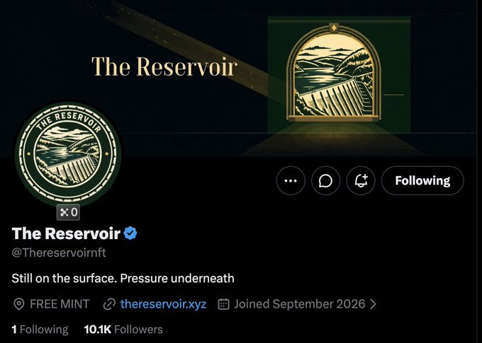 A Twitter/X profile for 'The Reservoir' (@Thereservoirnft), a verified account with 10.1K followers joined in September 2026, bio reading 'Still on the surface. Pressure underneath' with a 'FREE MINT' link to thereservoir.xyz.