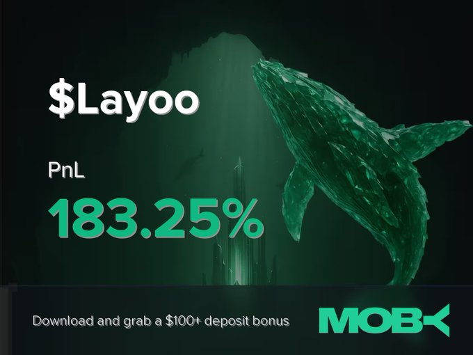 A promotional graphic featuring a green whale illustration advertises Moby's $Layoo trade, prominently displaying the trader's username "Layoo" alongside a PnL of 183.25% in large green text. The bottom of the image includes a call-to-action offering a $100+ deposit bonus with the Moby logo, reinforcing the platform's mobile trading achievement highlighted in the win alert.