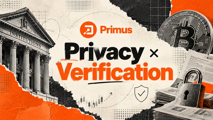 A promotional graphic for 'Primus' with the text 'Privacy × Verification' in large orange and black letters, set against a collage of financial imagery including a Bitcoin, classical building columns, and a padlock.
