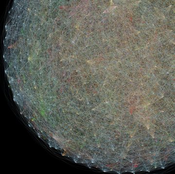 A spherical visualization of global network connections or internet traffic, showing a dense web of multicolored lines over a dark globe.