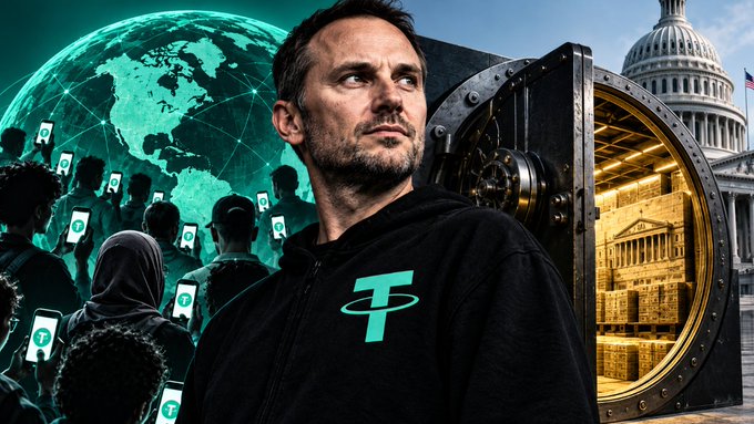 A composite image featuring a man in a black hoodie with the Tether (₮) logo, alongside imagery of a vault, the US Capitol, a digital globe, and crowds holding phones with Tether logos.