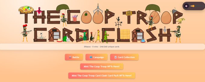 A webpage header for 'THE COOP TROOP CARTOON CLASH' displaying pixel art characters holding various items, along with buttons for 'Battle', 'Campaign', 'Card Collection', and minting NFTs.