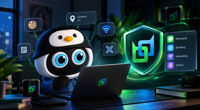 A 3D rendered penguin mascot wearing a hoodie works on a laptop in a dark room, with floating UI icons showing Location, WiFi, and scanning features alongside a green shield with a crypto logo, and labels for Messaging, Browsing, Networking, and Identity.