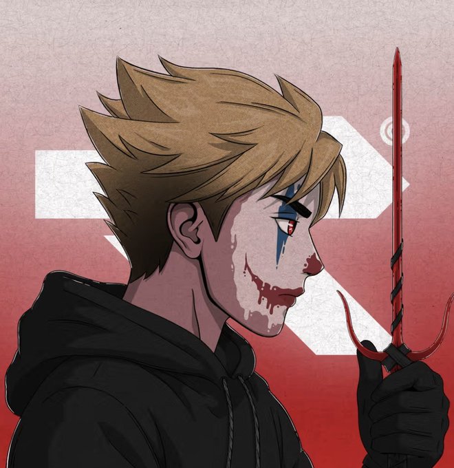 This image depicts an animated character with clown makeup and blood, holding a red dagger. The prominent white "R" in the background likely relates to the accompanying post's sentiment of holding onto this character.