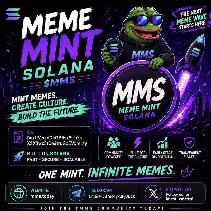 A promotional poster for 'MEME MINT SOLANA' ($MMS) featuring a Pepe the Frog character in sunglasses holding a Solana coin, a rocket ship, and the tagline 'ONE MINT. INFINITE MEMES,' along with its contract address and social links.