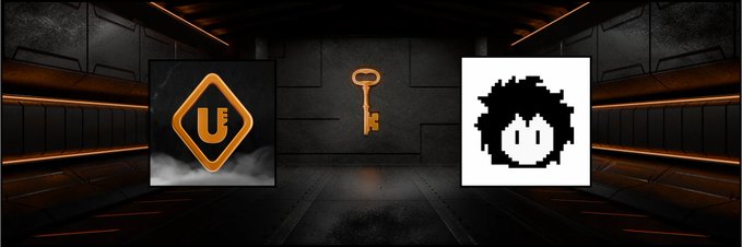 A digital graphic with a dark sci-fi background features the orange "U" UtopiaWeb3 logo, a central golden key, and a black-and-white pixel art icon representing BlnkINC, symbolizing the secured GTD partnership spot between the two platforms.