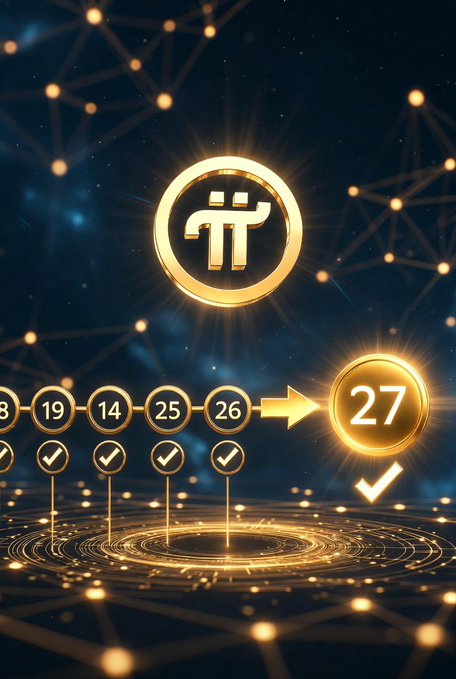 A golden Pi Network (π) cryptocurrency logo and symbol, with numbered nodes 19, 14, 25, 26 pointing toward a highlighted node 27 with a checkmark, set against a network of connected nodes.