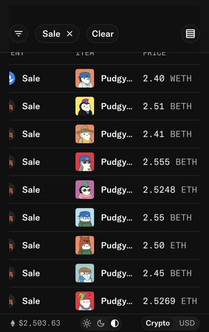 A mobile app interface displaying a list of 'Pudgy...' NFT items for sale, with prices ranging from approximately 2.40 to 2.555 ETH, showing a total value of $2,503.63.