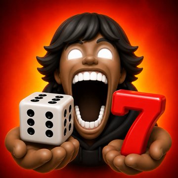 A stylized illustration of a person with glowing white eyes and an exaggerated open mouth, holding a white six-sided die in one hand and a large red '7' in the other against an orange background.