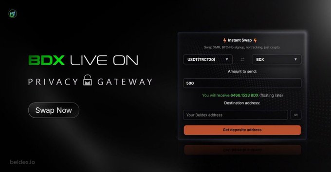 A dark promotional graphic for "BDX LIVE ON PRIVACY GATEWAY" featuring an "Instant Swap" interface for trading XMR, BTC, and other cryptos for BDX tokens on beldex.io.