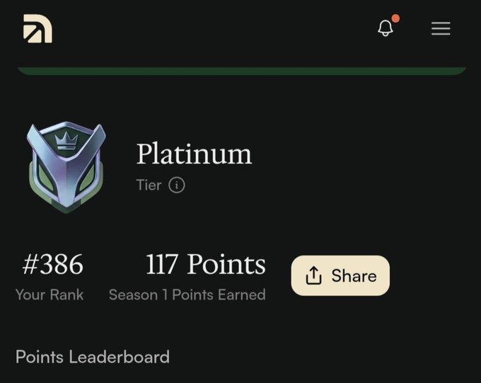 A Platinum Tier rank #386 screen showing 117 Season 1 Points Earned with a Share button and Points Leaderboard text.