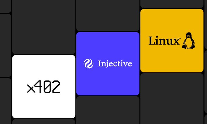 A graphic featuring three tiles: a white tile with "x402", a blue tile with "Injective", and a yellow tile with "Linux" and the Tux penguin logo.