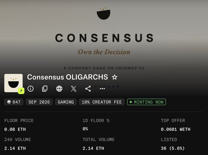The image shows a webpage for "Consensus Oligarchs" NFT collection, featuring a 10% creator fee, currently minting, with a floor price of 0.08 ETH and 36 NFTs listed at 5.6%. This relates to the post highlighting the free-to-$220 price range for Oligarchs by HarmanLabs, emphasizing the dramatic valuation increase in the NFT market.