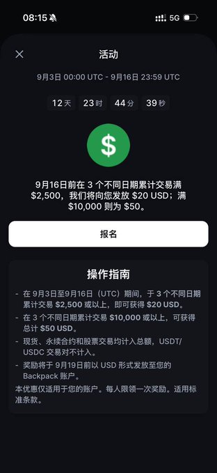 A Chinese-language mobile app promotion screen for a trading event running Sept 3–16 UTC, offering $20–$50 USD rewards for cumulative spot/futures trading volume, with a 报名 (Register) button.
