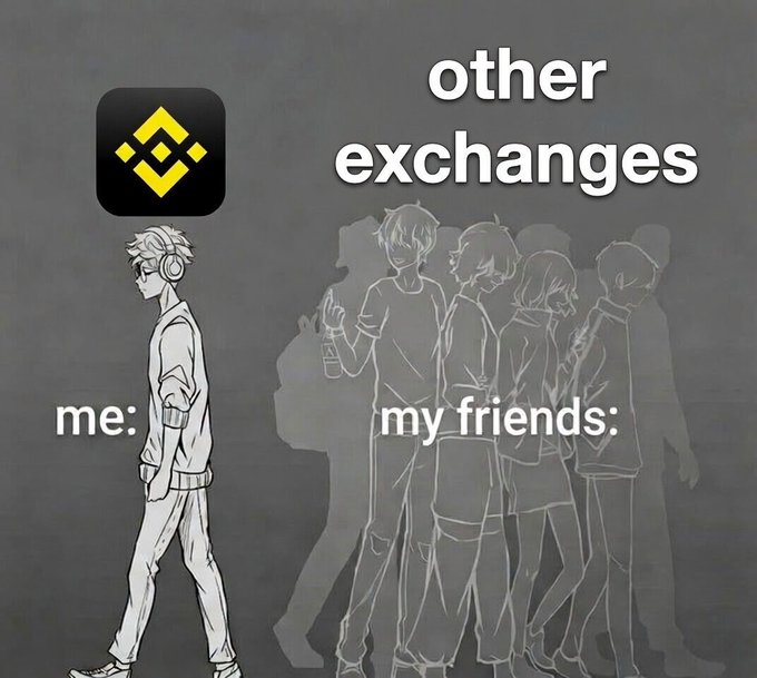 The image features a cartoon depiction of a man wearing headphones, walking down a street while holding a backpack. The caption reads "I'm walking my own path. The Binance path." This phrase seems to be related to the Bitcoin exchange market or cryptocurrency in general.