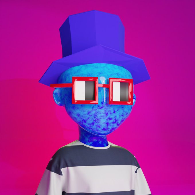 A stylized 3D-rendered character with blue textured skin, wearing red pixelated sunglasses and a purple geometric hat, set against a vibrant pink and magenta background.
