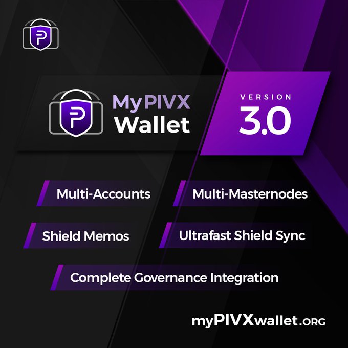 A purple and black promotional graphic for "MyPIVX Wallet VERSION 3.0" listing features like "Multi-Accounts", "Multi-Masternodes", "Shield Memos", "Ultrafast Shield Sync", and "Complete Governance Integration", with the URL "myPIVXwallet.org".