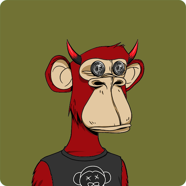 The image features a cartoon monkey wearing a black shirt with a white skull design, standing against a green background. The monkey appears to be wearing glasses and has red horns. The caption below the image reads "Ape #850 Bought for 7.699 ETH machibigbrother.eth etherscan.io/tx/0x1e1e9d52a ... Return to Monke: opensea.io/collection/bor".