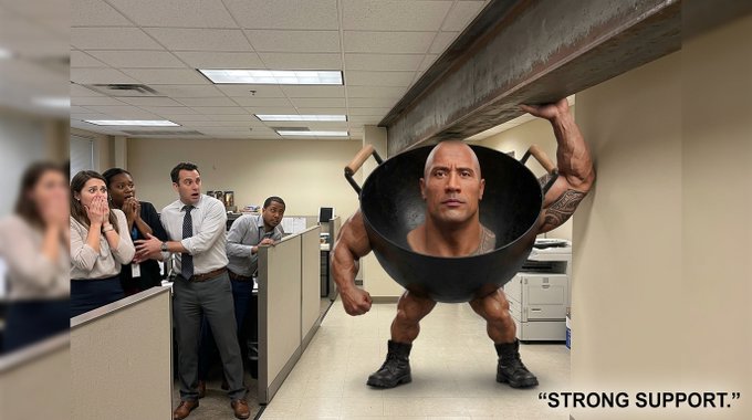 A humorous meme showing Dwayne 'The Rock' Johnson's head photoshopped onto a body carrying a large steel I-beam in an office, with coworkers watching in shock and the caption 'STRONG SUPPORT.'
