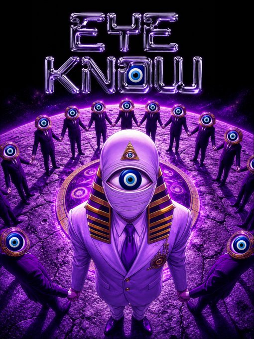 A surreal purple-toned artwork titled 'EYE KNOW' featuring a central figure in a suit with an eye on its face, surrounded by a circle of suited figures also bearing eyes, standing on a mystical rune-covered ground.