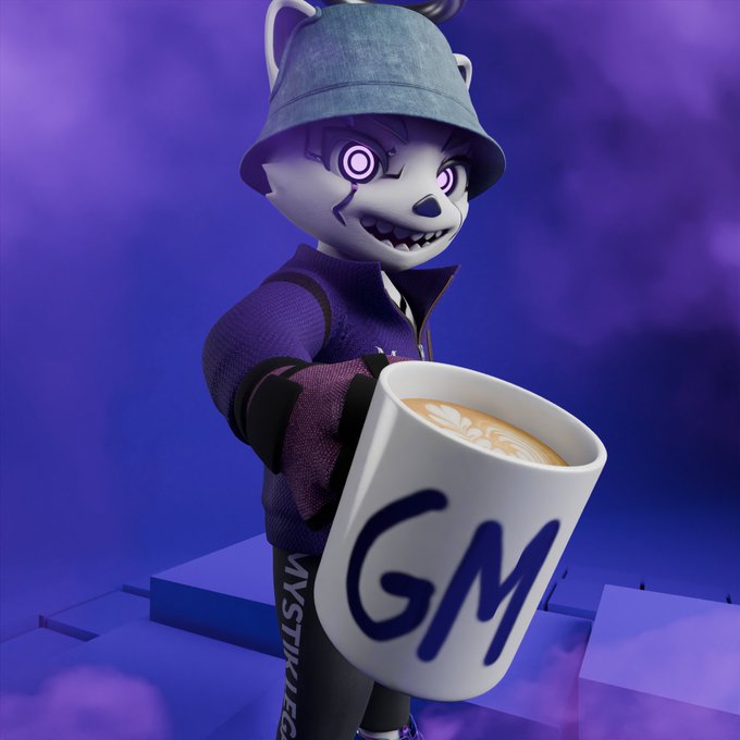 A stylized cartoon character with purple eyes and sharp teeth, wearing a bucket hat and jacket, holds a large white mug displaying "GM" in bold blue letters, with steam and coffee art visible inside—perfectly matching the cheerful "GM, Happy Caturday Kitos" greeting. The feline-inspired figure and oversized coffee mug reinforce the playful weekend morning vibe of the message.