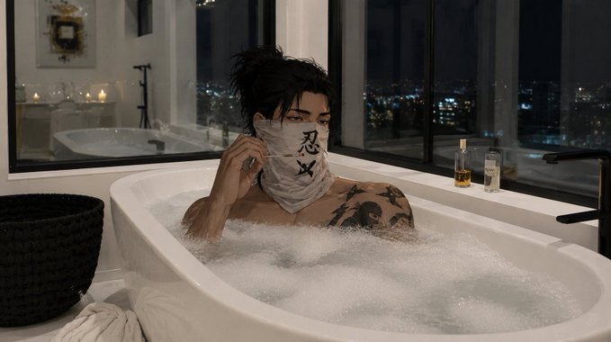 A man with dark hair and chest tattoos sits in a bubble bath, partially covering his face with a beige bandana printed with Japanese characters, in a bathroom with large windows showing a city skyline at night.
