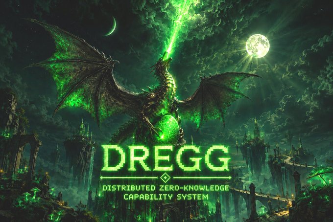 A fantasy promotional image for 'DREGG - Distributed Zero-Knowledge Capability System' featuring a dark dragon with glowing green energy and a green orb against a moonlit sky.