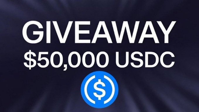 A bold giveaway graphic announces "$50,000 USDC" in large white text against a dark blue radial background, featuring a USDC logo. The post claims the poster will randomly send USDC to Solana wallet addresses posted in the replies — a classic crypto giveaway scam designed to harvest wallet information.