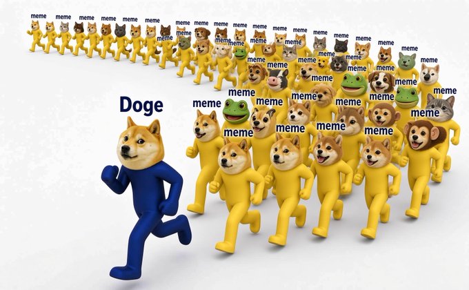 A meme image showing a blue Doge character running away from a horde of yellow 'meme' dogs chasing after it.