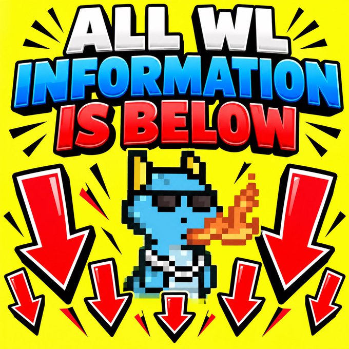 A bright yellow graphic featuring pixel art of a blue dinosaur character smoking, with bold text reading 'ALL WL INFORMATION IS BELOW' and five large red arrows pointing downward.