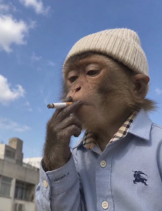 A monkey wearing a white knit beanie and a blue Burberry button-up shirt over a plaid collar smokes a cigarette while standing outdoors against a blue sky.