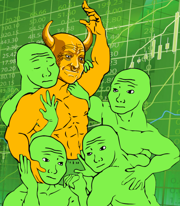 An illustration depicts a muscular orange bull-like figure surrounded by green humanoid figures with blank expressions, set against a green background showing financial stock charts and numbers.