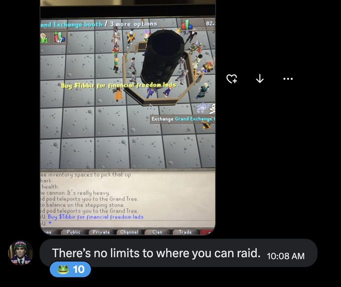 A screenshot of a Discord chat shows a user named 'U' sharing a RuneScape game screenshot with the message 'There's no limits to where you can raid.' alongside a Trollface reaction emoji.