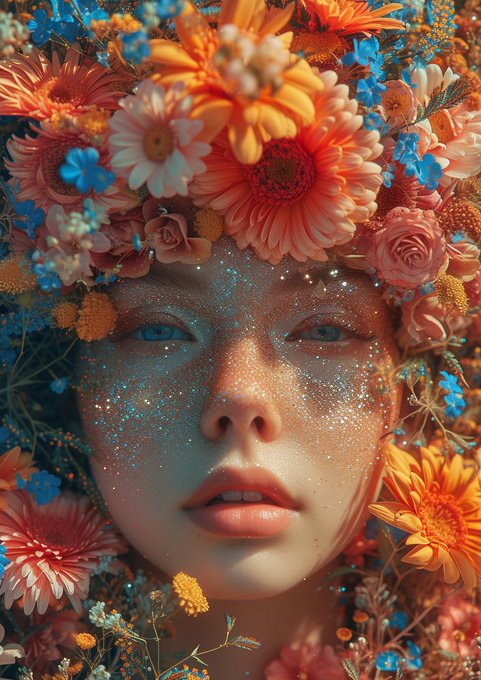 A portrait of a woman adorned with glitter and an elaborate crown of vibrant flowers, her serene face framed by orange, blue, and pink blooms. The image, titled "Vanina," celebrates the NFT's sale, showcasing the ethereal beauty and intricate detail that made it a sought-after piece in the collection.