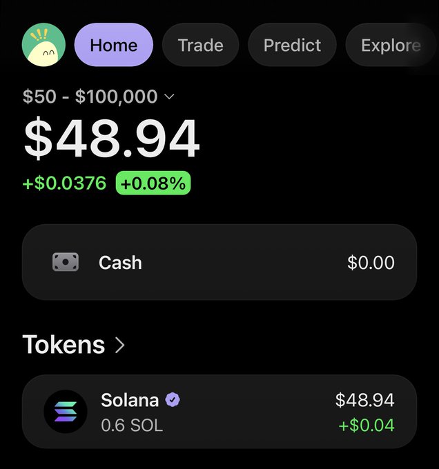 A mobile screenshot of a crypto portfolio showing $48.94 (+$0.0376, +0.08%), with $0.00 cash and 0.6 Solana worth $48.94, illustrating the starting point of the promised "$50 → $100,000 Challenge."