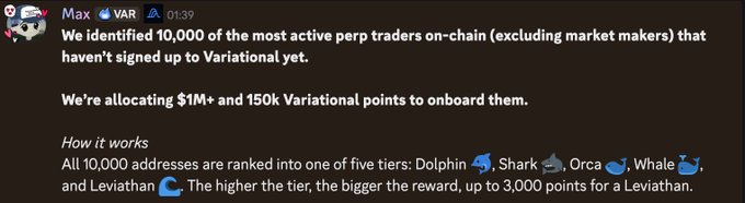 A Discord message from Max at VAR announces the identification of 10,000 active perp traders and a $1M+ budget to onboard them with 150k Variational points, ranked into tiers from Dolphin to Leviathan (up to 3,000 points).