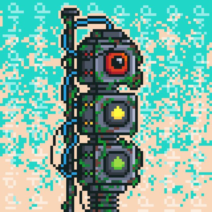 Pixel art illustration of a traffic light mounted on a pole, with red, yellow, and green lights illuminated, set against a cyan and beige pixelated background.