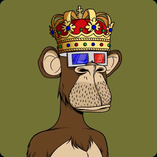 A cartoon illustration of a bored-looking monkey wearing a gold and jeweled crown and red-blue 3D glasses against an olive green background.