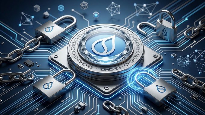 A 3D-rendered SUI cryptocurrency emblem on a circuit board surrounded by metallic padlocks and chains, symbolizing blockchain security.