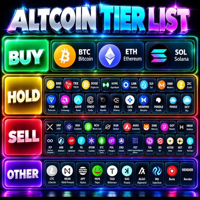 A colorful 'Altcoin Tier List' graphic categorizing cryptocurrencies into Buy (BTC, ETH, SOL), Hold (BNB, TRX, DOGE, HYPE, LINK, SUI, XMR, ZEC, and more), Sell (XRP, ADA, BCH, XLM, AVAX, SHIB, and more), and Other (LTC, NEAR, APT, PEPE, TAO, KAS, ALGO, INJ, RNDR) tiers.