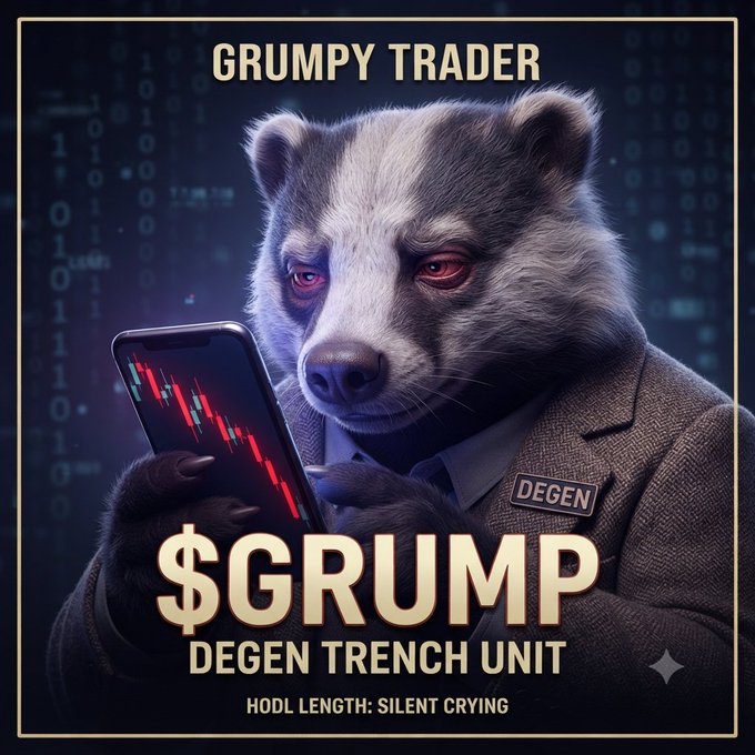 A poster for a crypto meme token called '$GRUMP' (GRUMPY TRADER, DEGEN TRENCH UNIT) depicting a photorealistic grumpy bear in a tweed jacket looking at a phone showing red candlestick charts.