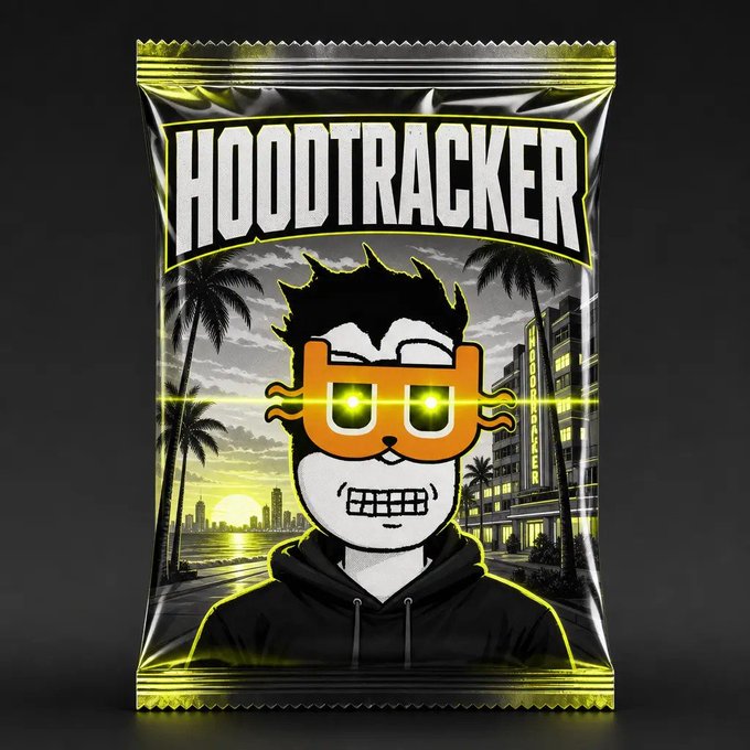 A snack bag design labeled 'HOODTRACKER' features a cartoon character with glowing green eyes wearing an orange mask and black hoodie, set against a Miami-style sunset cityscape.