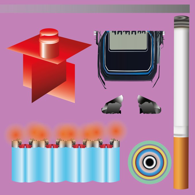 A collection of various 3D-rendered objects on a pink background, including a red geometric shape, a stylized camera, a cigarette, a row of lighters with flames, a target-like circle, and metallic shards.