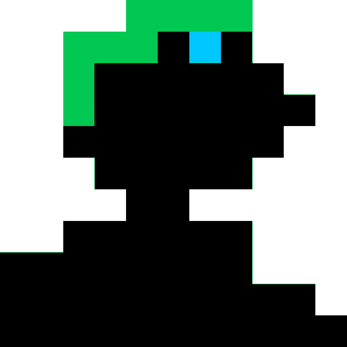 The image is an 11x11 pixel art piece featuring a black silhouette with green accents at the top and a single cyan pixel resembling an eye, created to celebrate Ethereum's 11th birthday. It complements the post by representing one of the community-driven artistic contributions for the ethlabs networked.art initiative.