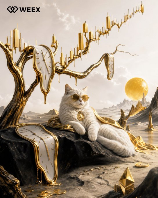 A surreal digital artwork branded with 'WEEX' shows a white cat wearing gold sunglasses and a medallion, lounging among melting gold candlestick charts and draped clock faces in a desert landscape.