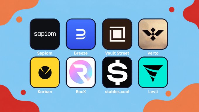 A display of eight app icons against a blue background with orange accents, labeled Sapiom, Breeze, Vault Street, Verto, Korban, RocX, stables.cool, and Levi.